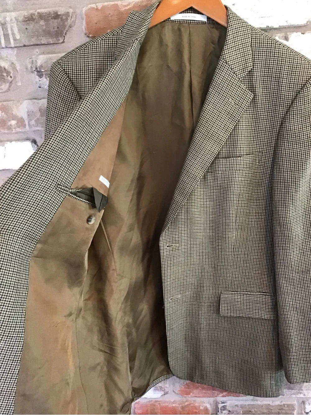 John W. Nordstrom Tan Black Gray Houndstooth Silk Wool Sport Coat Blazer 42R